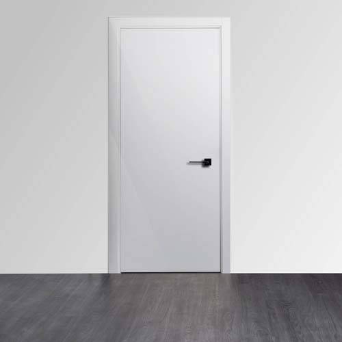 white glossy door with a black handle on a gray background